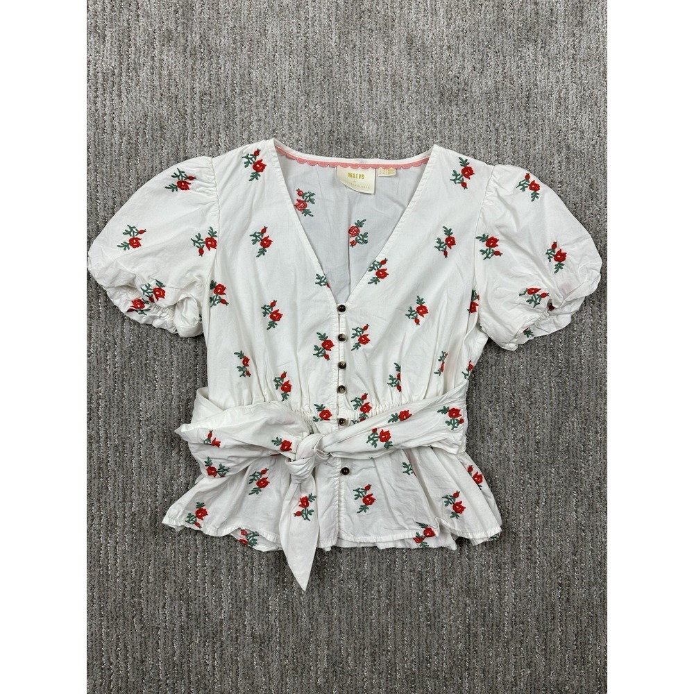 Anthropologie Maeve Top Women's 2‎ White Balloon Floral Wrap Rosalie